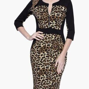 Miusol Women's Official Leopard Optical Illusion Half Sleeve Business Midi Dres